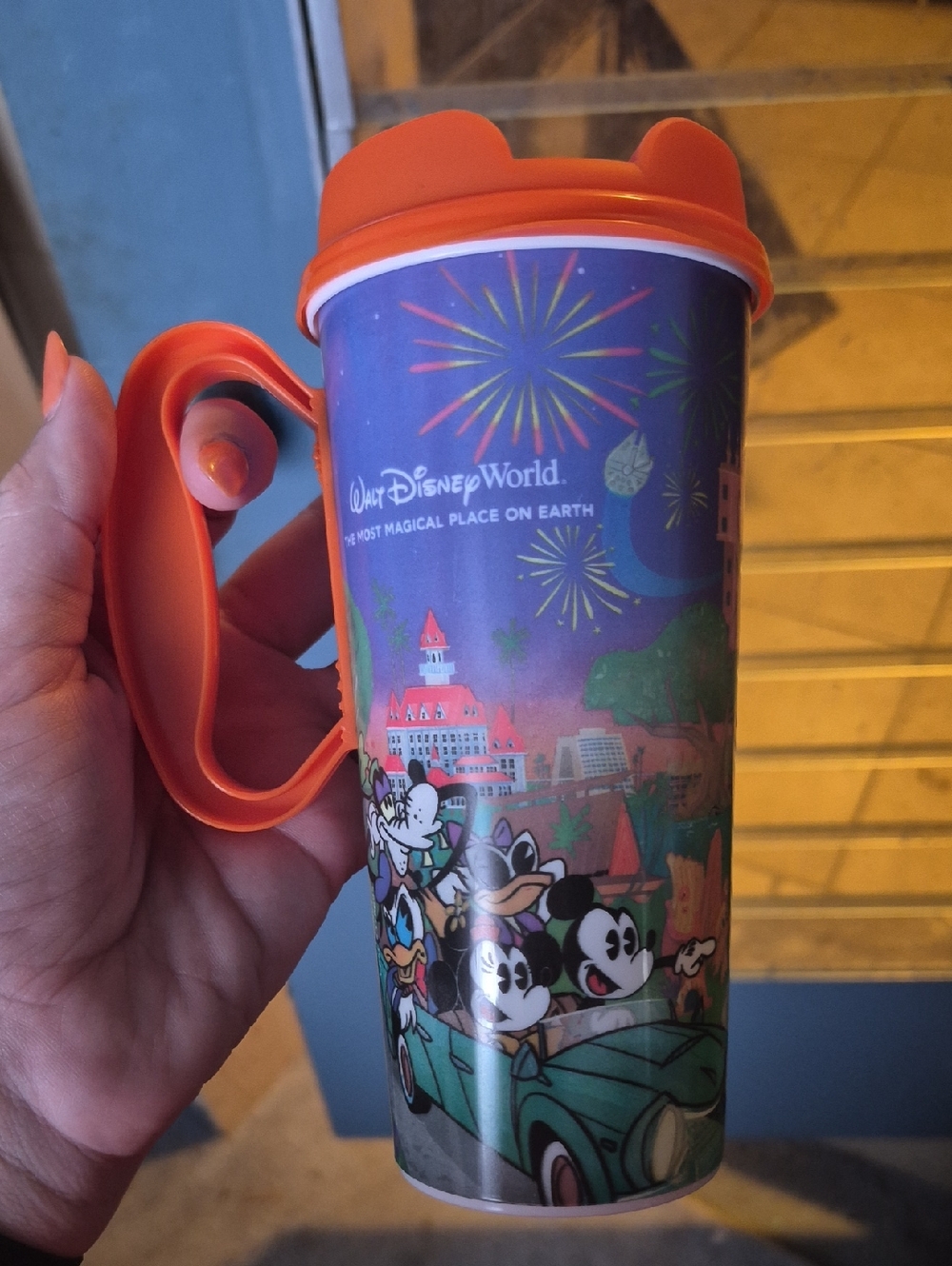 Disney Travel Tumbler in Orange and Blue with Disney Characters